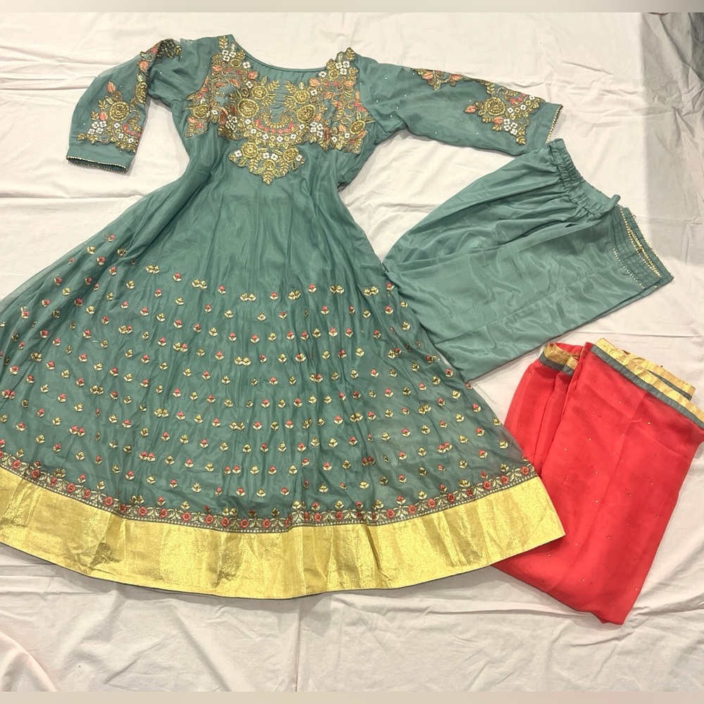 Aqua Blue Gold Fancy Party Southasian Pakistani Anarkali Dress Set 3 Piece NEW